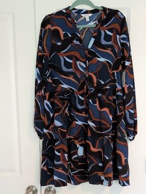 Nine West Black, Brown & Blue Abstract Tiered Long-Sleeve Dress